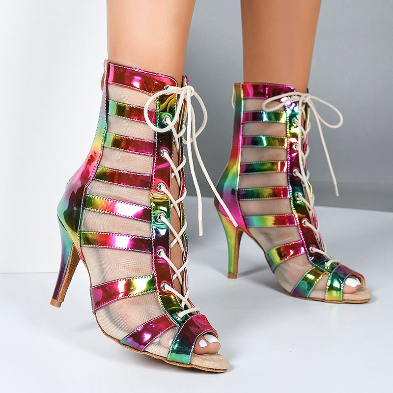 DS Ladies PU Rainbow Customized Heel Dance Boots Salsa Professional Dance Shoes