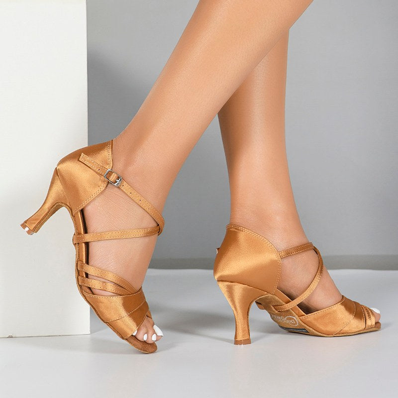 Women's Brown Satin Customized Heel Ballroom Latin Dance Shoes