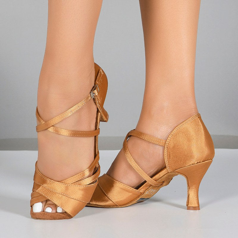 Women's Brown Satin Customized Heel Ballroom Latin Dance Shoes