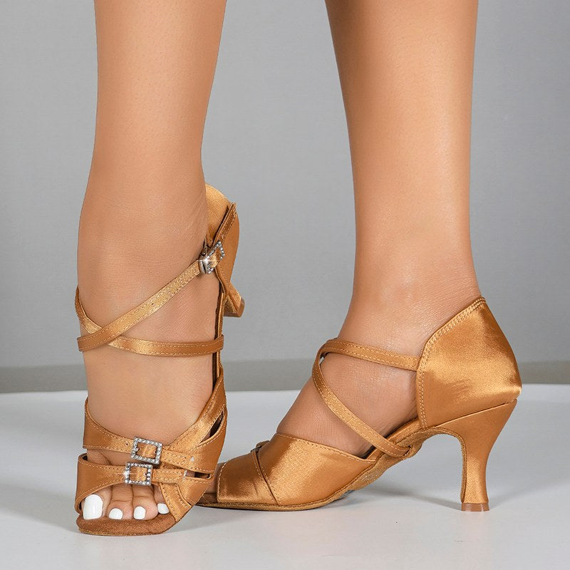 Women's Customized Heel Brown Satin Salsa Dance Shoes Latin Dance Shoes