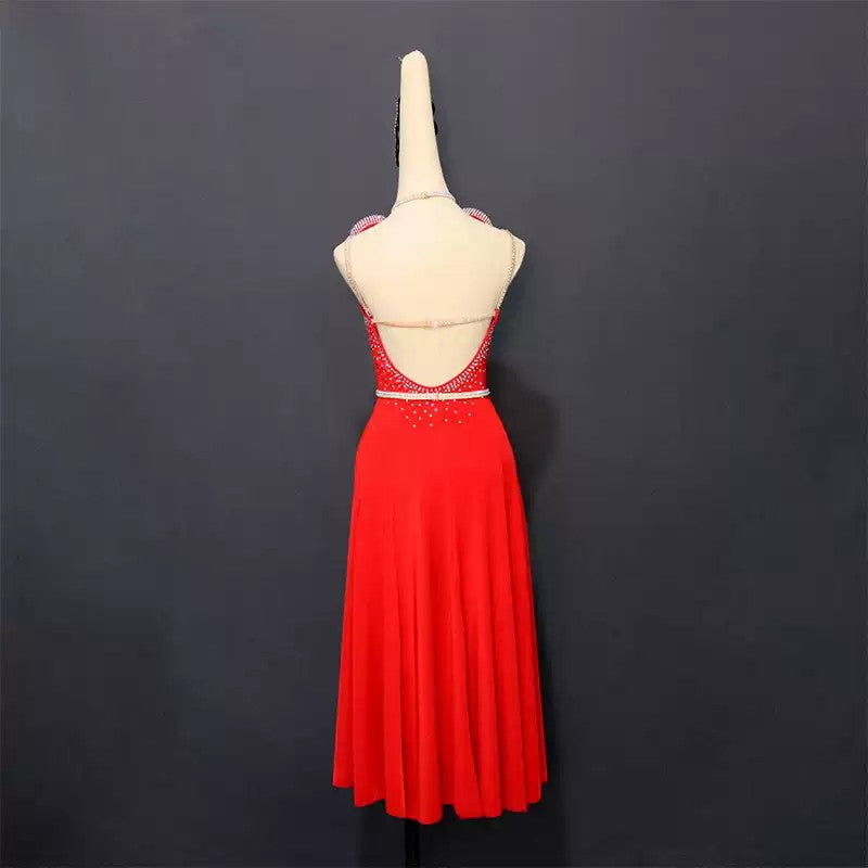 Customisable-Women's Red Latin Dance Dress Professional Dance Stage Performance Wear (With Waistband)