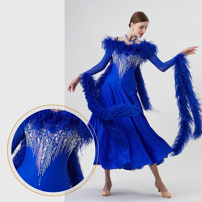 YUN Customisable-Women's Long Sleeve  Backless Diamonds Waltz Modern Ballroom Dance Dress Competition Dresses (With Necklace)