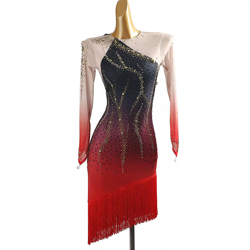 YZY Customisable-Women's Black-Red Long Sleeve Tassel Rhinestone DanceWear Dance Dress Performance Wear