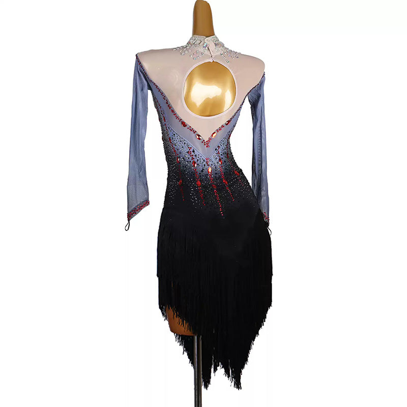 YZY Customisable-Women's Black Long Sleeve Tassel Rhinestone DanceWear Dance Dress Performance Wear