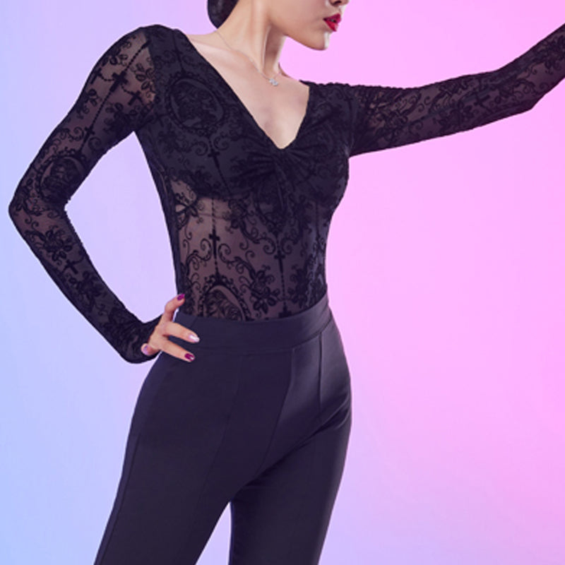 CONNY Women's Lace Long Sleeve Latin Dance Top Hollow-out Dance Bodysuit Dance Wear