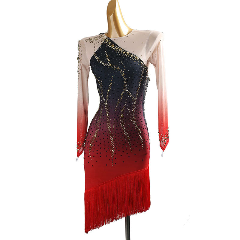 YZY Customisable-Women's Black-Red Long Sleeve Tassel Rhinestone DanceWear Dance Dress Performance Wear