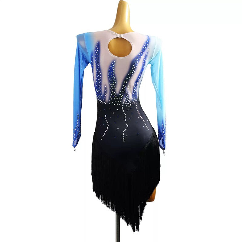 YZY Customisable-Women's Blue Long Sleeve Tassel Rhinestone DanceWear Dance Dress Performance Wear