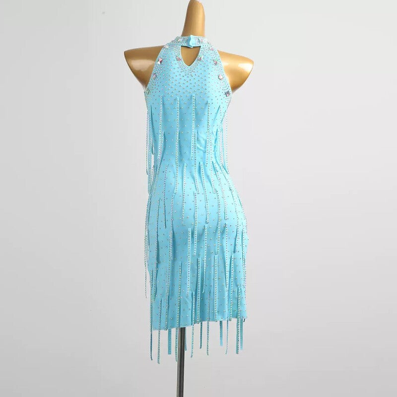 YZY Customisable-Women's Light Blue Sleeveless Tassel DanceWear Dance Dress Performance Wear