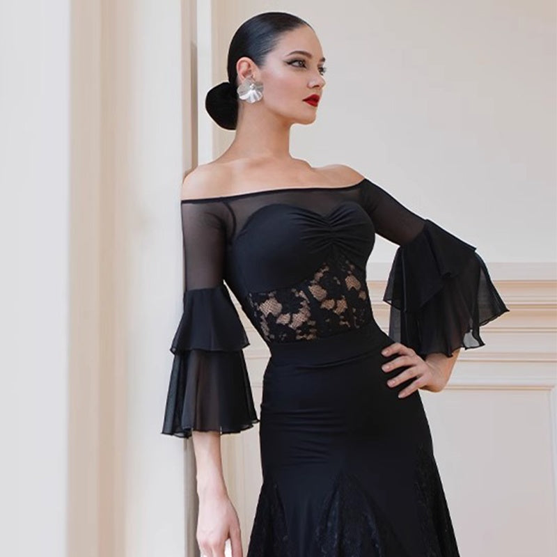 TID Customisable Women's Black  Ballroom Bodysuit Dance Tops Dance Wear