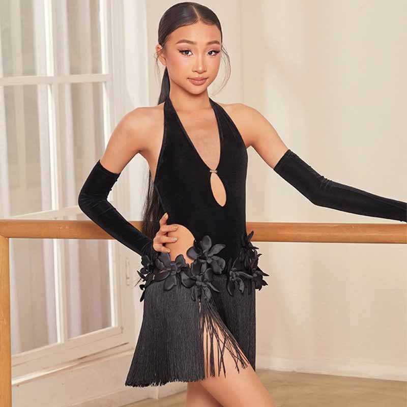 Z Girls Black Velvet Backless Latin Dance Dress Dance Wear(With Gloves)