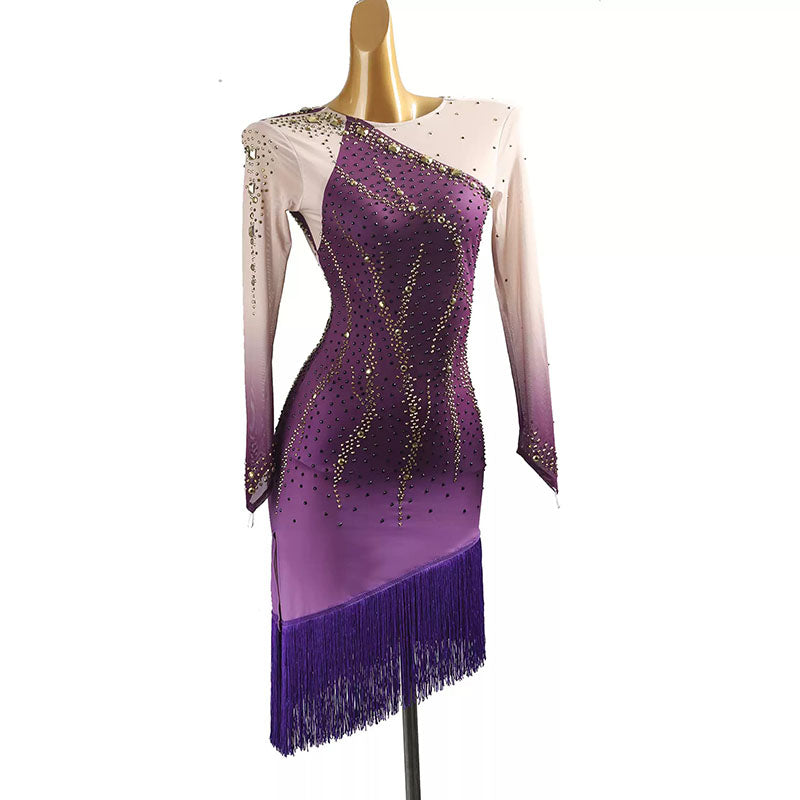 YZY Customisable-Women's Purple Long Sleeve Tassel Rhinestone DanceWear Dance Dress Performance Wear