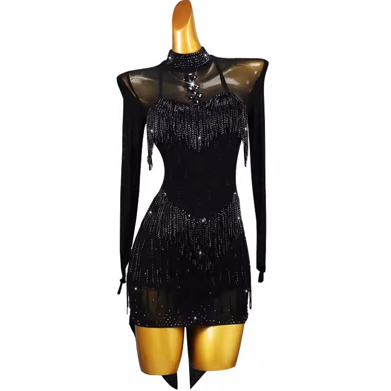 Customisable-Women's Black Tassel DanceWear Dance Dress Performance Wear