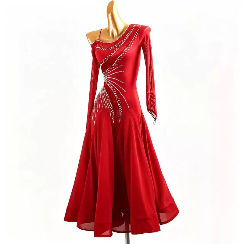 YZY Customisable-Women's Red One Shoulder Modern Dance Dress Ballroom Dance Costume Training Performance