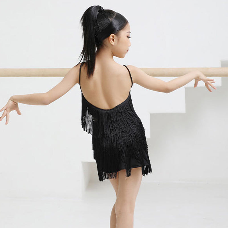 Z Girls Polyester Spaghetti Strap Tassel Latin Dance Dress Dance Wear