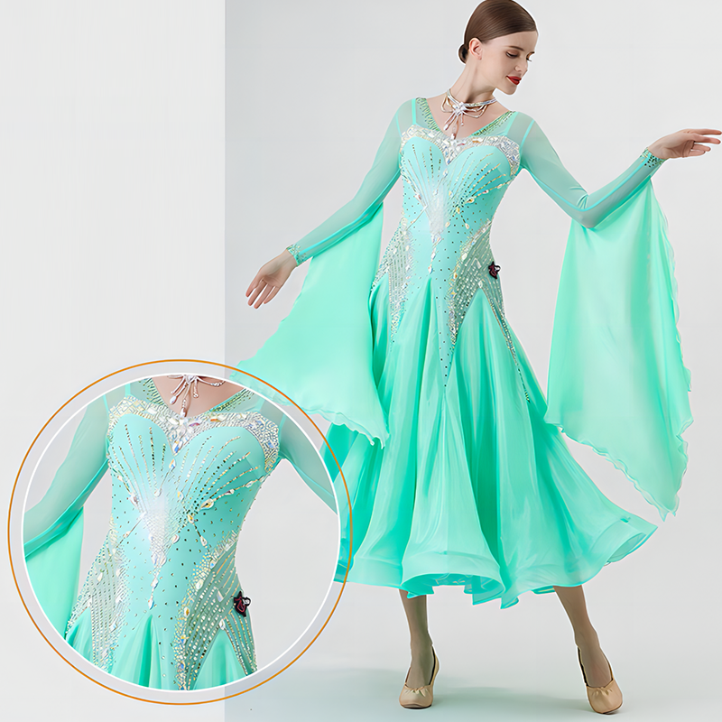 YUN Customisable-Women's Long Sleeve Backless VNeck Diamonds Dress For Ballroom Dancing Smooth Dress