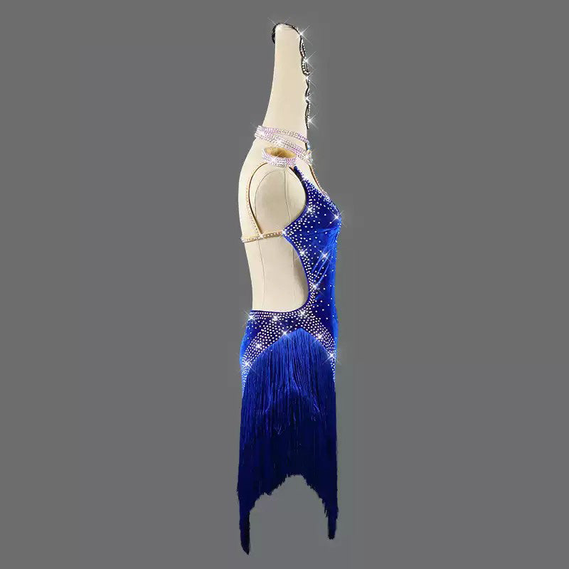 Customisable-Women's Blue Tassel Latin Dance Dress Professional Dance Stage Performance Wear