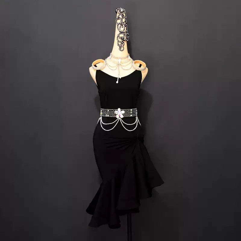 Customisable-Women's Black Tassel Latin Dance Dress Professional Dance Stage Performance Wear (With Waistband)