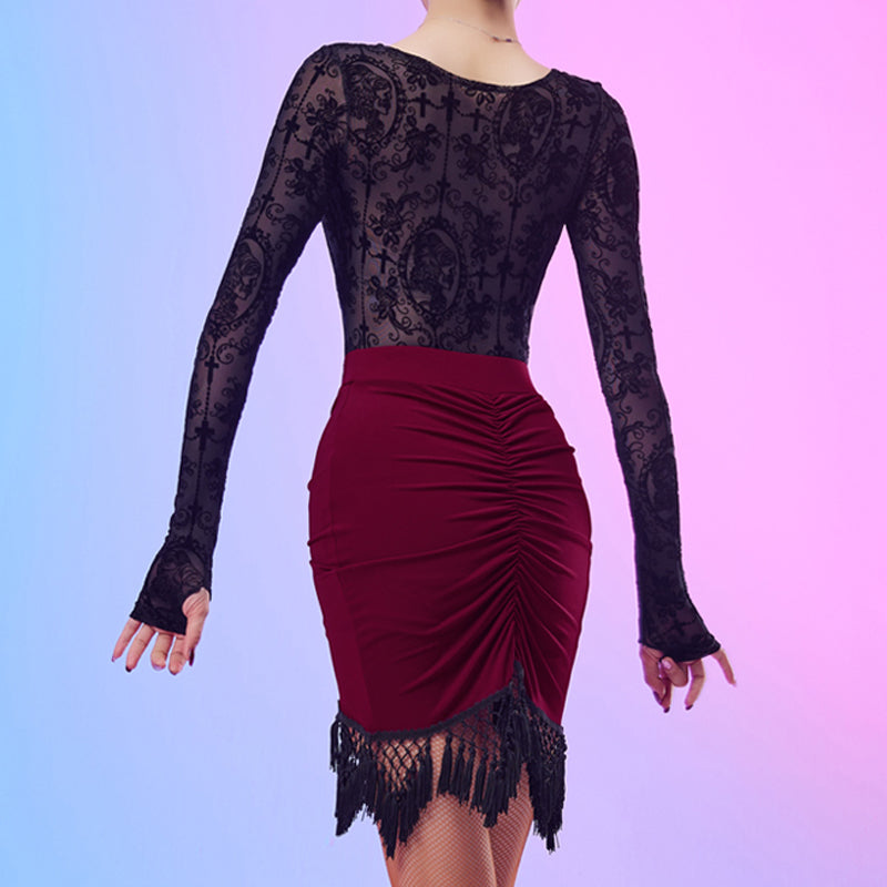 CONNY Women's Lace Long Sleeve Latin Dance Top Hollow-out Dance Bodysuit Dance Wear