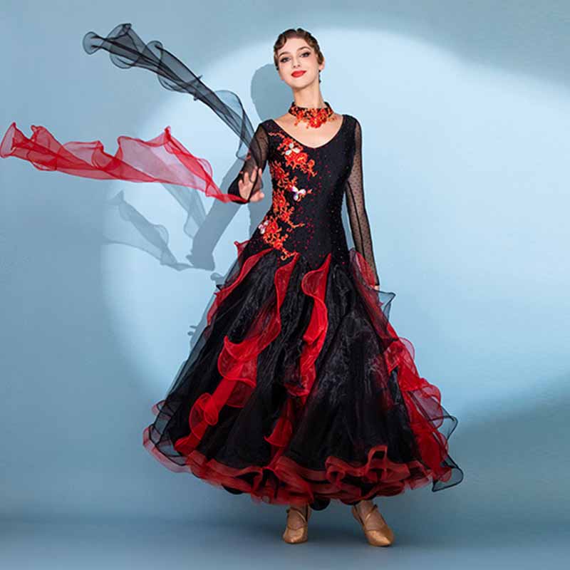 Women's Long Sleeve Lace Diamond Waltz Ballroom Dance Competition Modern Dance Large Swing Dress