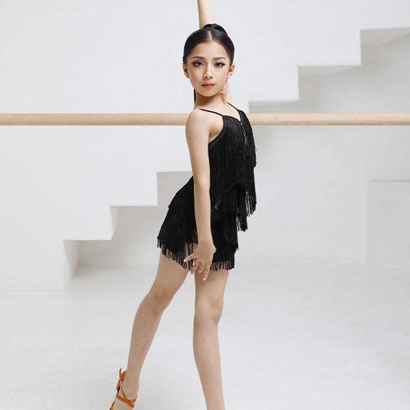 Z Girls Polyester Spaghetti Strap Tassel Latin Dance Dress Dance Wear