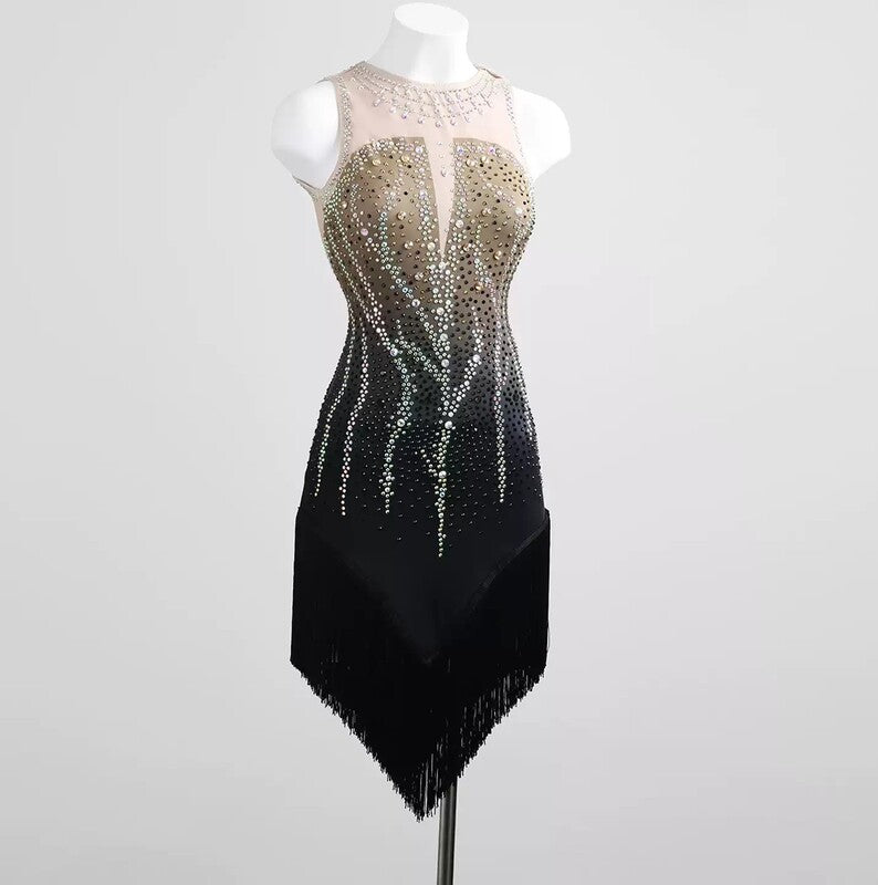 YZY Customisable-Women's Black Sleeveless Tassel DanceWear Dance Dress Performance Wear