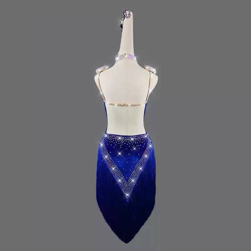 Customisable-Women's Blue Tassel Latin Dance Dress Professional Dance Stage Performance Wear