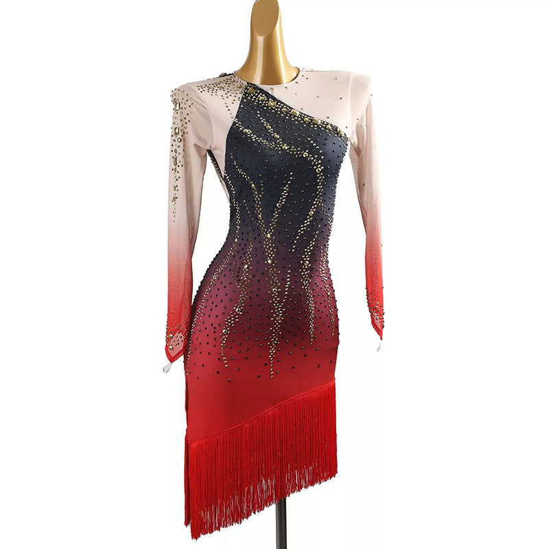 YZY Customisable-Women's Black-Red Long Sleeve Tassel Rhinestone DanceWear Dance Dress Performance Wear