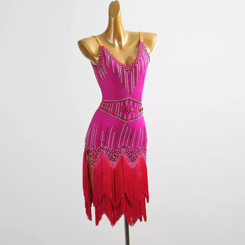 YZY Customisable-Women's Fuchsia Tassel DanceWear Dance Dress Performance Wear