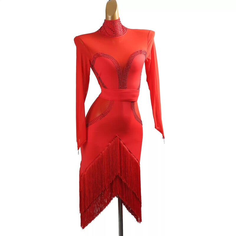 YZY Customisable-Women's Red Long Sleeve Tassel DanceWear Dance Dress Performance Wear