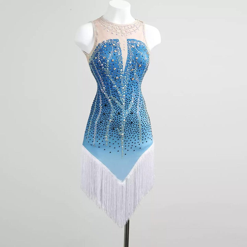 YZY Customisable-Women's Light Blue Sleeveless Tassel DanceWear Dance Dress Performance Wear
