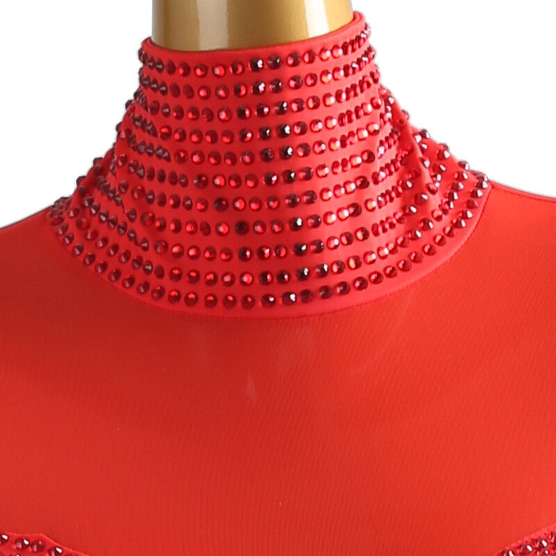 YZY Customisable-Women's Red Long Sleeve Tassel DanceWear Dance Dress Performance Wear