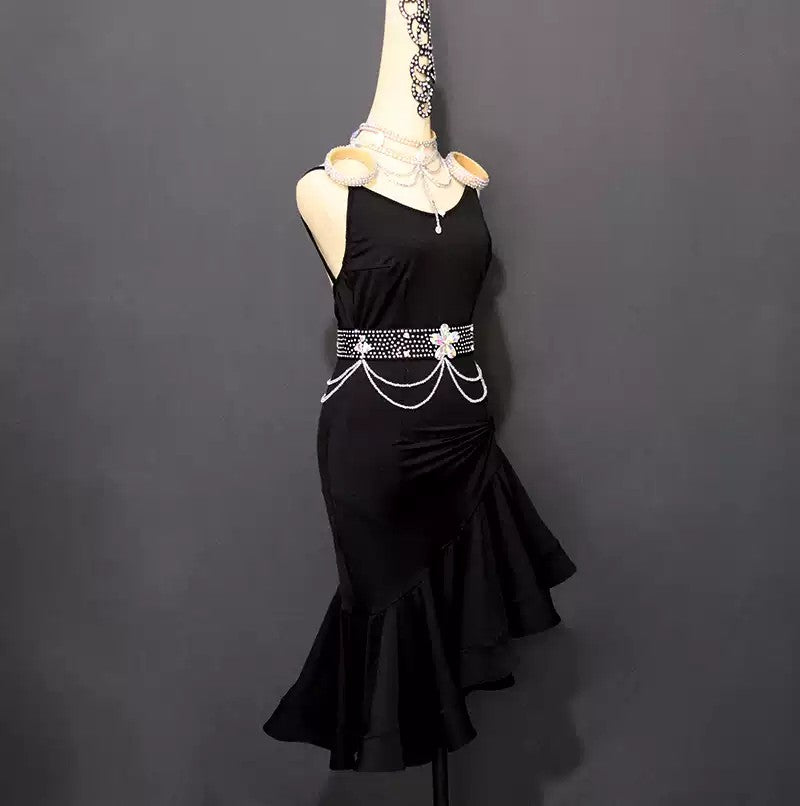 Customisable-Women's Black Tassel Latin Dance Dress Professional Dance Stage Performance Wear (With Waistband)