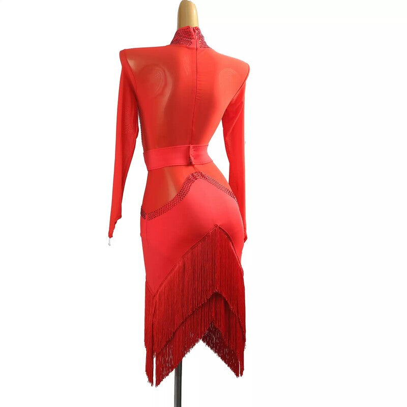 YZY Customisable-Women's Red Long Sleeve Tassel DanceWear Dance Dress Performance Wear