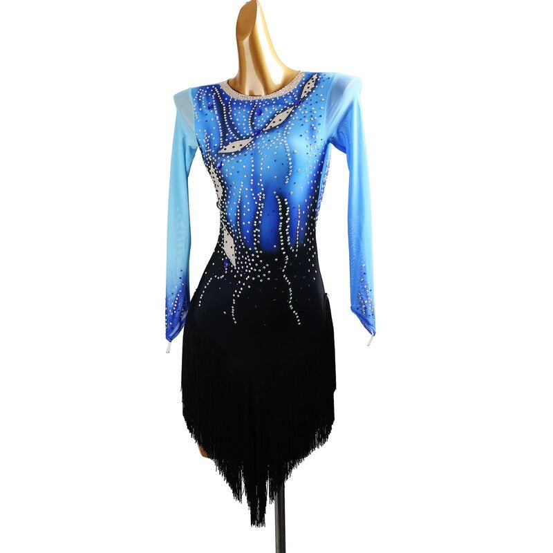 YZY Customisable-Women's Blue Long Sleeve Tassel Rhinestone DanceWear Dance Dress Performance Wear