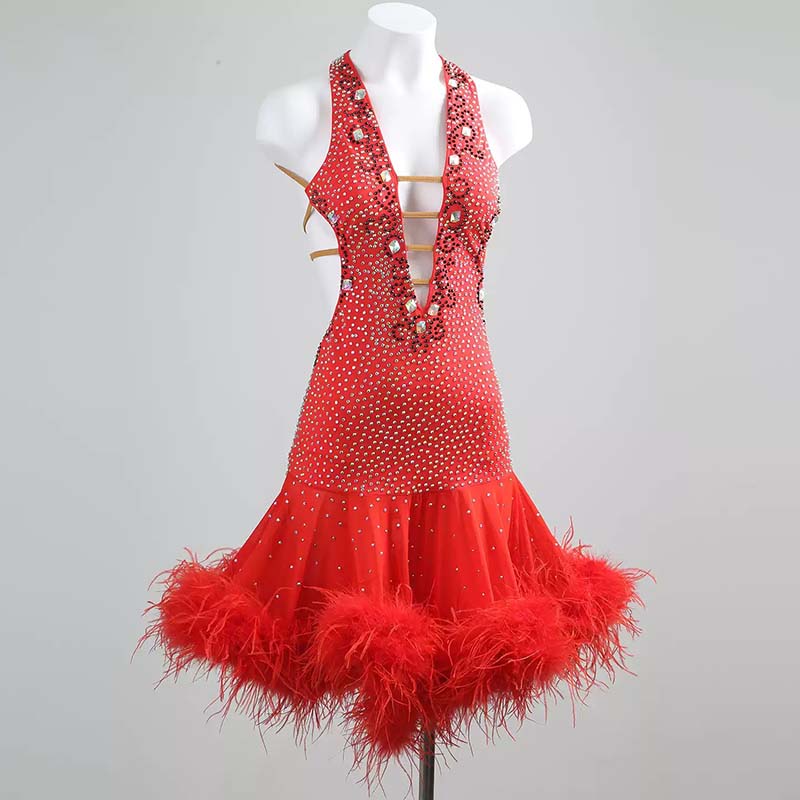 YZY Customisable-Women's Red Feather DanceWear Dance Dress Performance Wear