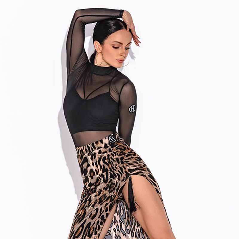 HC Women's Black Long Sleeve Mesh Latin Dance Tops Dance Wear Training Performance Tops