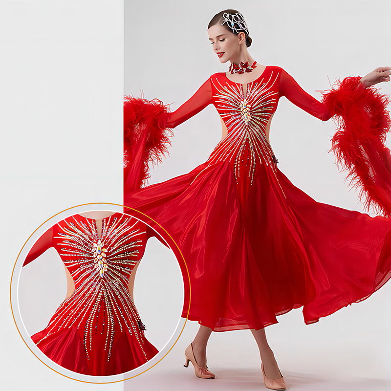 YUN Customisable-Women's Long Sleeve Mesh Round Neck Diamonds Dress For Ballroom Dancing Smooth Dress