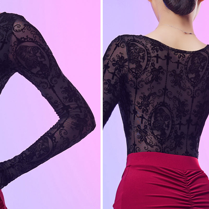 CONNY Women's Lace Long Sleeve Latin Dance Top Hollow-out Dance Bodysuit Dance Wear