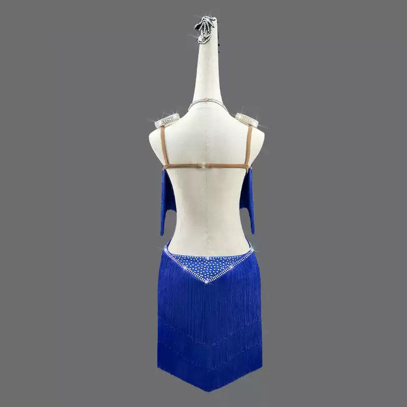 Customisable-Women's Blue Tassel Latin Dance Dress Professional Dance Stage Performance Wear