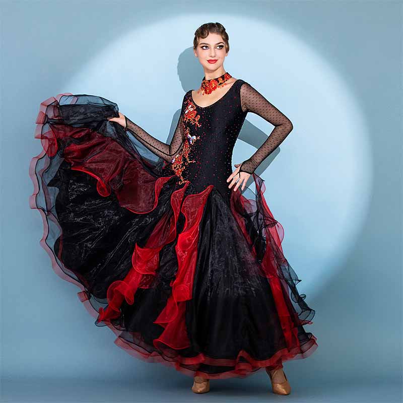 Women's Long Sleeve Lace Diamond Waltz Ballroom Dance Competition Modern Dance Large Swing Dress