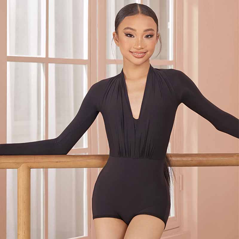 Z Girls Black Long Sleeve V Neck Latin Dance Bodysuit Dance Wear
