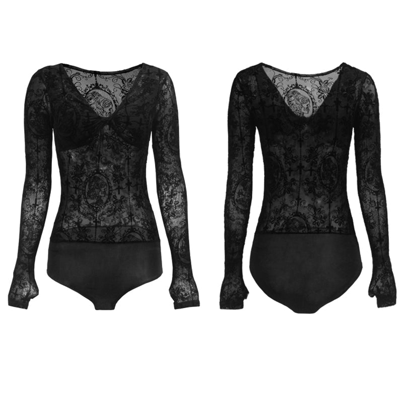 CONNY Women's Lace Long Sleeve Latin Dance Top Hollow-out Dance Bodysuit Dance Wear