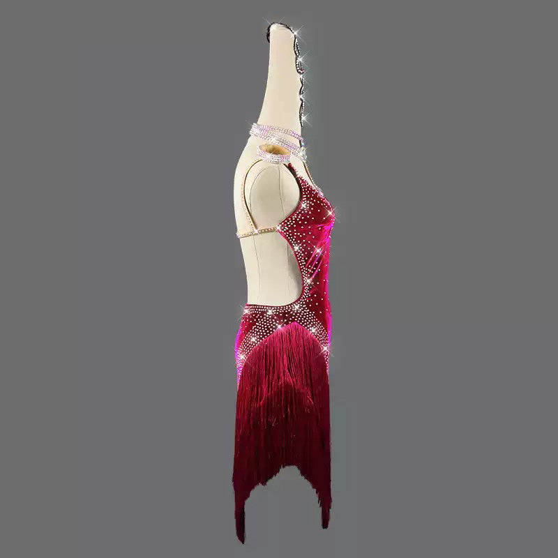Customisable-Women's Red Tassel Latin Dance Dress Professional Dance Stage Performance Wear