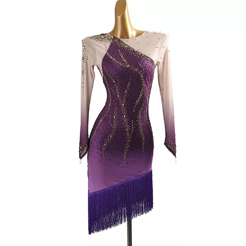 YZY Customisable-Women's Purple Long Sleeve Tassel Rhinestone DanceWear Dance Dress Performance Wear