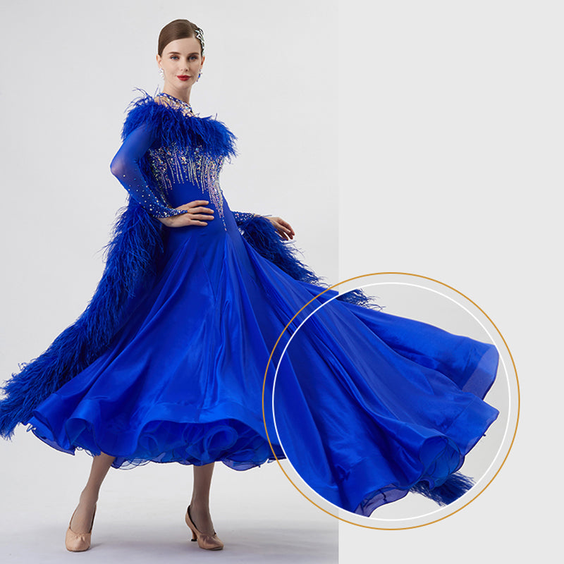 YUN Customisable-Women's Long Sleeve  Backless Diamonds Waltz Modern Ballroom Dance Dress Competition Dresses (With Necklace)