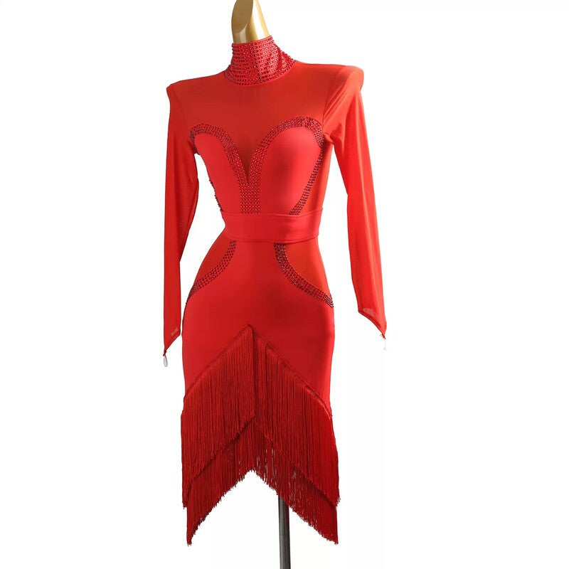 YZY Customisable-Women's Red Long Sleeve Tassel DanceWear Dance Dress Performance Wear