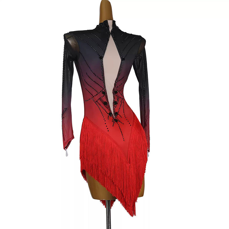 YZY Customisable-Women's Black Long Sleeve Tassel DanceWear Dance Dress Performance Wear