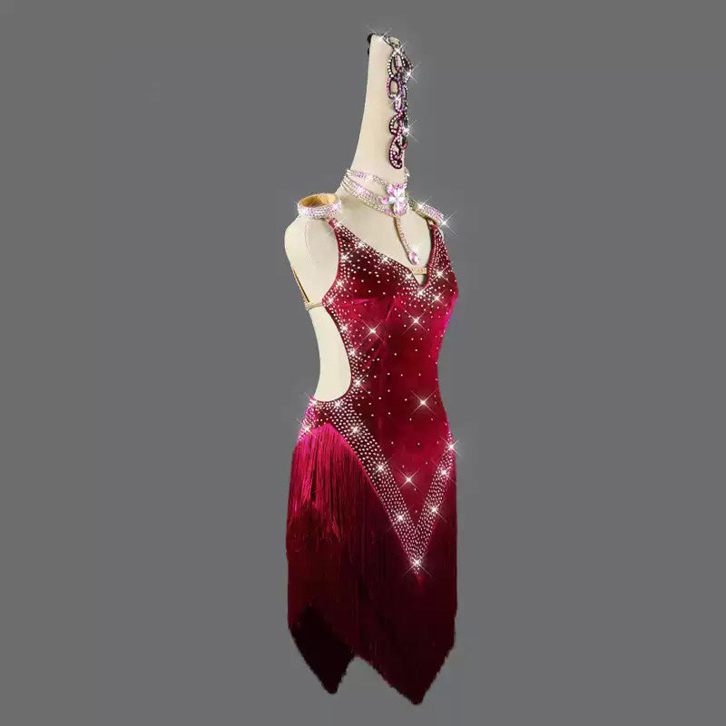 Customisable-Women's Red Tassel Latin Dance Dress Professional Dance Stage Performance Wear