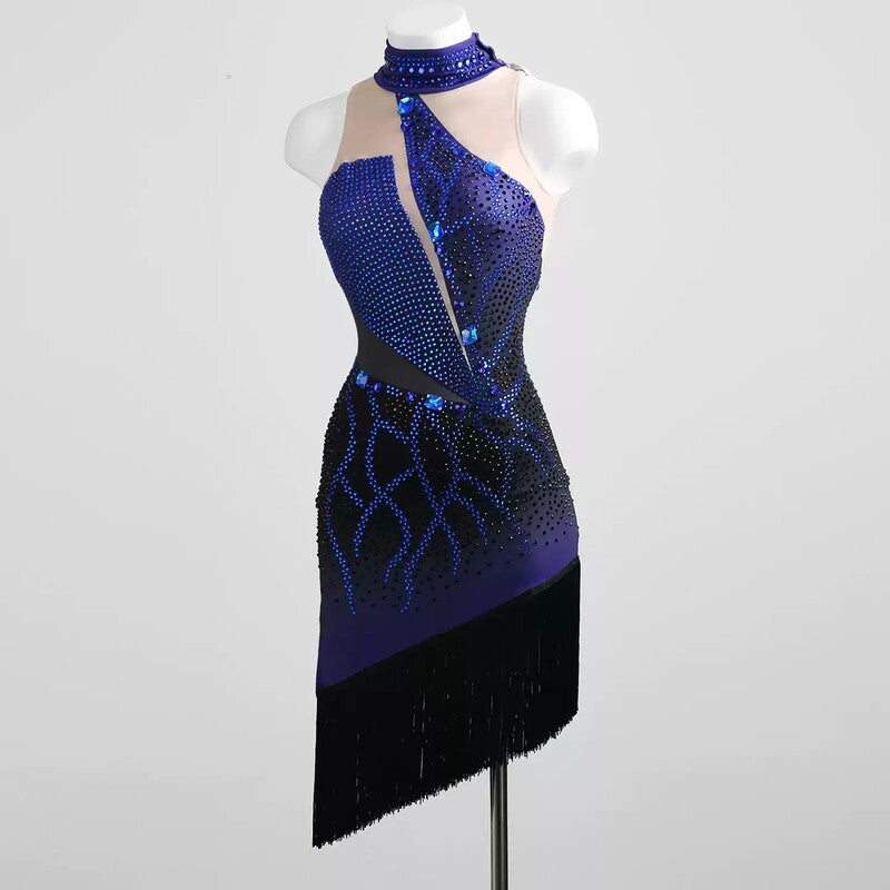 YZY Customisable-Women's Blue Sleeveless Tassel DanceWear Dance Dress Performance Wear