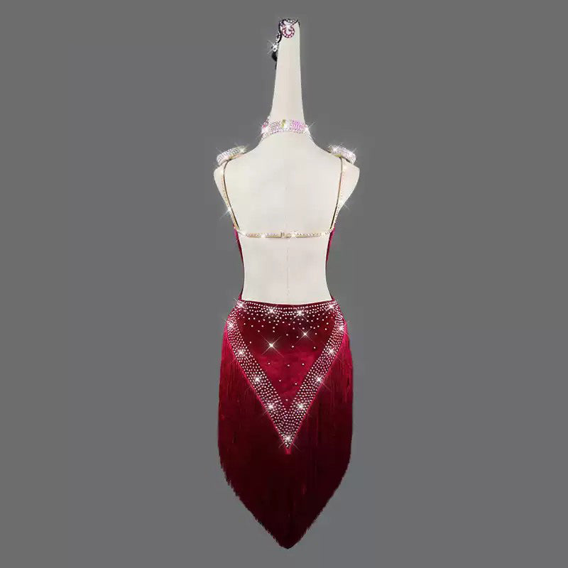 Customisable-Women's Red Tassel Latin Dance Dress Professional Dance Stage Performance Wear